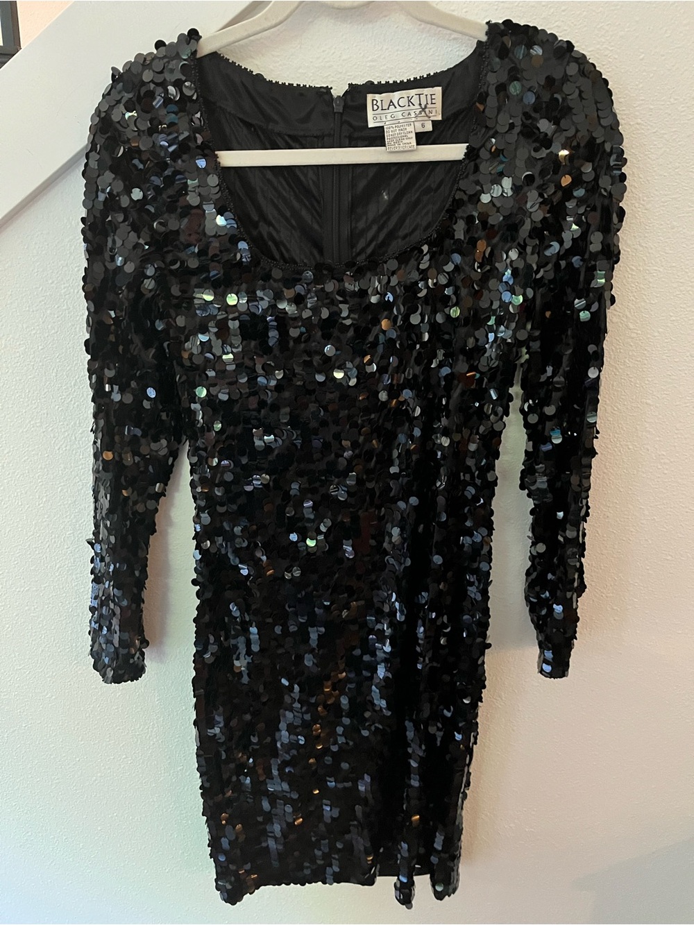 Vintage Oleg Cassini Black Sequin Long Sleeve Scoop Dress